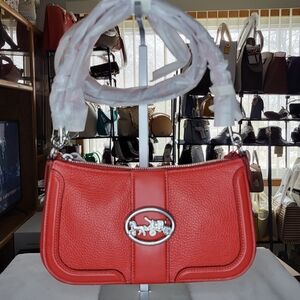 Coach Pebbled Leather Georgie Baguette In SV/Bright Poppy